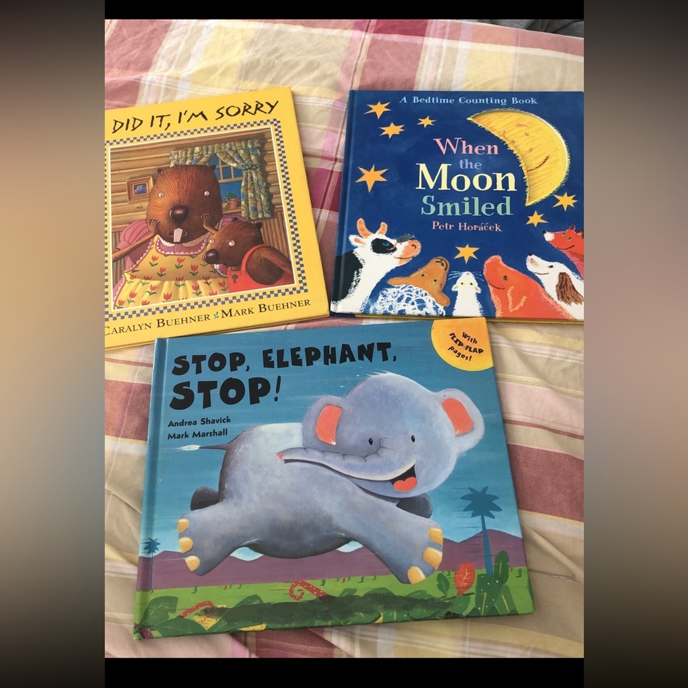 When the Moon Smiled, I Did It, I’m Sorry, and Stop Elephant Stop lot of 3 books